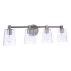 Part of the Emilio - 12633 Vanity Collection, this brushed nickel four-light bathroom fixture features clear glass shades with visible bulbs. The elegant design includes a horizontal bar mounted on a sleek circular wall plate, offering transitional lighti