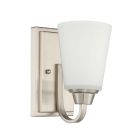 The Grace - 41901 wall sconce features clean lines with a brushed nickel finish and a white frost glass shade. It includes a rectangular backplate and a curved arm supporting an upward-facing conical shade.