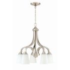 The Grace - 41915 chandelier, part of the Grace collection, features five elegantly curved arms in brushed nickel with white frost glass shades. Suspended by a chain, it offers modern sophistication with its clean lines.