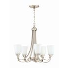 The Grace - 41925 chandelier features a brushed nickel finish and five cone-shaped white frost glass lampshades in a circular arrangement, with elegantly curved metal arms hanging from the ceiling.