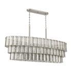The Museo - 48677 is a rectangular, tiered chandelier featuring cascading mercury glass panels. It hangs from a ceiling mount with metal rods and chains, showcasing a modern and elegant design accented by satin brass for a sophisticated finish.