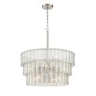 The Museo - 48690 is a modern chandelier featuring three tiers of textured glass panels resembling antiqued mercury glass, arranged concentrically and suspended from a metal chain with a sleek canopy. It emits a warm glow that embodies the elegance of Mus
