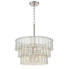 The Museo - 48696, a three-tiered chandelier, features rectangular glass panels hanging from its brushed polished nickel base. Its illuminated design highlights modern elegance and textured elements, making it a striking centerpiece for any room.
