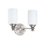 The Dardyn - 49802, part of the Dardyn collection, is a brushed nickel two-light wall sconce featuring a circular base and sleek straight line design. It has two cylindrical white glass shades extending horizontally for a modern and elegant look.