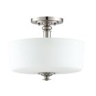 The Dardyn - 49853 light is a semi-flush mounted ceiling fixture with a brushed nickel finish and white drum-shaped frosted glass shade. Its metal components feature decorative detailing, highlighting a modern and elegant straight-line design.