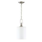 The Dardyn - 49891 hanging pendant light boasts a sleek straight-line design with a metal chain and brushed nickel fixture, complemented by a cylindrical white glass shade.