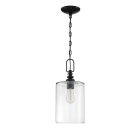 The Dardyn - 49891-FB-C is a modern pendant light from the Dardyn collection, featuring a clear glass cylinder shade on a black chain and visible vintage-style filament bulb. It boasts an elegant design with a black ceiling mount.