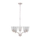 The Tyler - 50225 is a five-light chandelier featuring a brushed polished nickel finish. It hangs from a chain and includes clear, seeded glass shades surrounding visible bulbs, all arranged in a modern circular design.