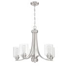 The Bolden - 50525 chandelier features a brushed nickel finish with five downward curving arms, each holding a clear glass cylindrical shade encasing a bulb, elegantly suspended by a linked chain.