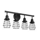 The Thatcher - 50604 is a black, industrial-inspired vanity light with four bulb holders enclosed in vintage metal wire shades on a circular base and rectangular arm, showcasing bulbs through the cages.