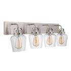 Part of the Trystan - 53504 collection, these four modern wall-mounted light fixtures feature clear glass shades and visible filament bulbs. A brushed nickel finish on the metal bar and fixtures adds sleek, industrial flair to this minimalist design.