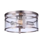 The Elliot - 55383 ceiling light features clear glass panels and a round, brushed metal frame. Its industrial design, housing three exposed bulbs that highlight their filaments, focuses on simplicity and functionality.
