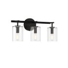 The Hailie - 55603 is a modern wall light fixture with three clear glass cylinder globes, each housing a bulb, mounted on a sleek black horizontal bar and circular wall bracket, perfectly complementing Hailie interior lighting styles.