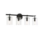 The Hailie - 55604 by Craftmade is a black, four-light fixture with glass cylinder globes and vintage Edison bulbs, perfect for modern or industrial interiors. It mounts on a round black base, adding elegance to any space.
