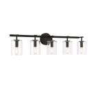 Craftmades Hailie - 55605 wall light features five clear glass cylinder globes, each with a bulb encased in an industrial black metal base, offering a modern design that enhances any space.