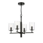 The Hailie - 55624 by Craftmade is a modern black chandelier with a central rod, four horizontal arms holding clear glass cylinder globes with visible bulbs, and is elegantly suspended by a chain and circular ceiling mount.