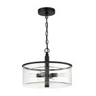 The Hailie - 55654-FB pendant light from the Hailie collection flaunts a black metal chain and circular frame. It has four exposed bulbs in a cross pattern inside its clear cylindrical glass shade, offering a modern, stylish ambiance.