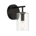 Introducing the Hailie - 55661 interior lighting: a modern black circular wall sconce with an arm supporting a cylindrical clear glass shade and a filament bulb that emits warm light, seamlessly blending industrial and minimalistic elements similar to our