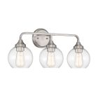 From the Glenda - 56203 collection, this modern wall-mount fixture has a brushed nickel finish, featuring three clear glass globe lampshades with visible vintage-style bulbs on a circular plate.