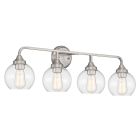 Glenda - 56204 is a modern wall-mounted light fixture with four exposed Edison bulbs in clear glass globes. It features a sleek brushed metal finish on a round base with a horizontal arm, adding an elegant touch to any space.