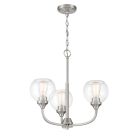 From the Glenda - 56223 collection, this contemporary chandelier showcases clear glass globes on three curved arms with a matte silver finish, each globe housing a visible filament bulb. It hangs elegantly from a chain and circular ceiling mount.