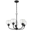 The Glenda - 56225 chandelier features five clear glass globe shades with visible bulbs, elegantly suspended by a black chain. Its sleek black arms curve upward to cradle each globe, adding modern flair.