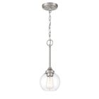 The Glenda - 56291 Collection presents a modern hanging light fixture with a classic design, silver metal finish, and clear glass shade. It features clear glass globes that highlight the bulb elegantly suspended by a chain linked to the ceiling mount.