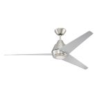 The Acadian Indoor Fan - ACA56BNK3 is a sleek modern ceiling fan with three silver blades and a metallic finish. It offers wall control, dimmable LED light, and features a minimalist central hub with a cylindrical rod for seamless ceiling attachment and i