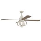 The Augusta Indoor Fan - AUG60CW4 features an energy-efficient motor, three driftwood blades, and a central light fixture with candle-shaped bulbs in an open decorative metal frame. It boasts a rustic vintage design with a light weathered finish.