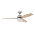 The Beltre Indoor Fan (BEL52BNK3-LED) is a silver ceiling fan with three wooden blades and a central dimmable LED light fixture. Photographed from an angled perspective on a white background.