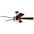 The Braxton Indoor Fan - BRX52xxx5 features a bronze finish, five wooden blades, a central dimmable LED light fixture, and a contemporary design with a reversible motor. It is designed for indoor use and is suspended by a short downrod.