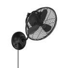 The Bellows I Indoor|Outdoor Fan - BW116FB3 is a sleek, retro-inspired black wall fan with three blades and an oscillating motor. It includes a protective metal grill, circular base with two control knobs, and an extending power cord from the base.