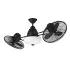 The Bellows II Indoor/Outdoor Fan - BW248FB6 showcases a retro-industrial style with two circular black metal cages and black blades. Dual heads flank a central white light fixture, creating a sleek, modern design complemented by efficient airflow motors