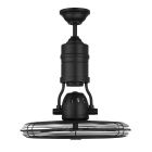 The Bellows III Indoor|Outdoor Fan (BW321FB3) features a black ceiling-mounted, modern industrial design with a cylindrical motor housing and circular cage fan blade guard. This retro-chic rotating cage fan includes a 3-speed motor and is mounted on a sho