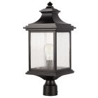 The Gentry - Z3215-MN is a classic black, rectangular outdoor lantern with clear beveled glass and a peaked top, housing a light bulb. It functions elegantly as a wall-mounted fixture.