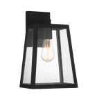 The Dunn - ZA4324-TB wall-mounted lantern boasts a textured black finish with clear, speckled glass panels and houses an exposed vintage-style filament bulb. Its modern geometric design makes it ideal for outdoor use.