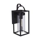 The Neo - ZA4804 from the Neo Collection is a modern outdoor wall lantern with a black metal frame and clear cylindrical glass shade. It includes a rectangular backplate, a handle-like loop on top, and multiple finish options to match any style.
