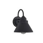 The Resilience Lanterns - ZA6304 is a black, wall-mounted outdoor fixture with a conical shade and circular backplate. Crafted from UV-resistant resins, it has a curved arm connecting the shade to the backplate and a visible bulb extending below for timel