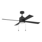 The McCoy Indoor|Outdoor Fan - OMCY52xxx4-PC is a modern black ceiling fan with four blades and a central light. It features two pull chains for a sleek design, ideal for energy-efficient elegance in any indoor setting.